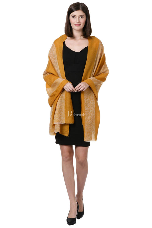 Pashtush India Womens Stoles and Scarves Scarf Pashtush Fine Wool Luxury Striped Design Scarf, Stole, Weaving Design - Mustard