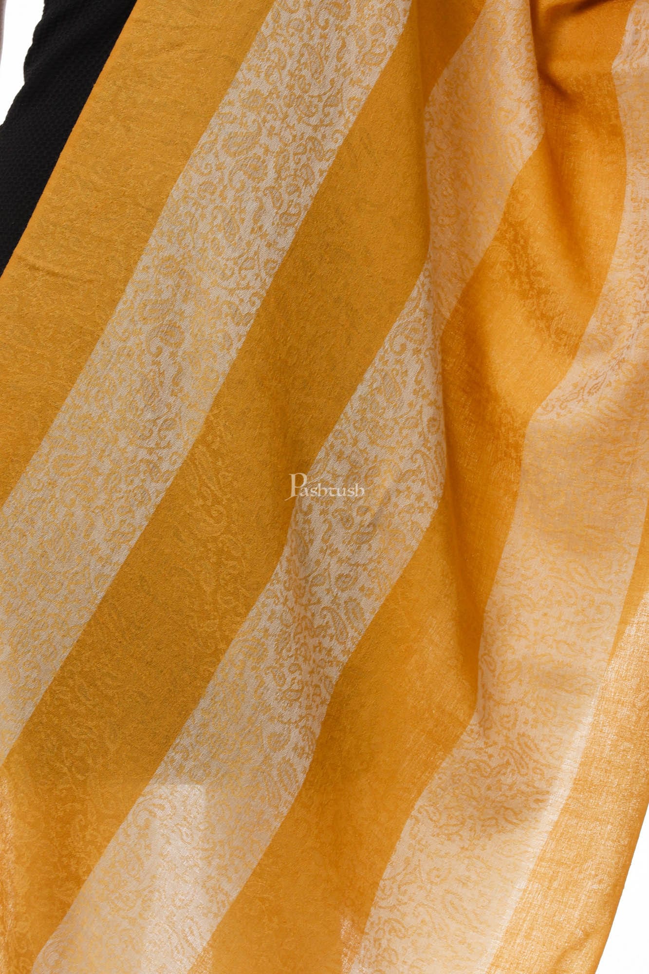 Pashtush India Womens Stoles and Scarves Scarf Pashtush Fine Wool Luxury Striped Design Scarf, Stole, Weaving Design - Mustard