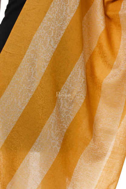 Pashtush India Womens Stoles and Scarves Scarf Pashtush Fine Wool Luxury Striped Design Scarf, Stole, Weaving Design - Mustard