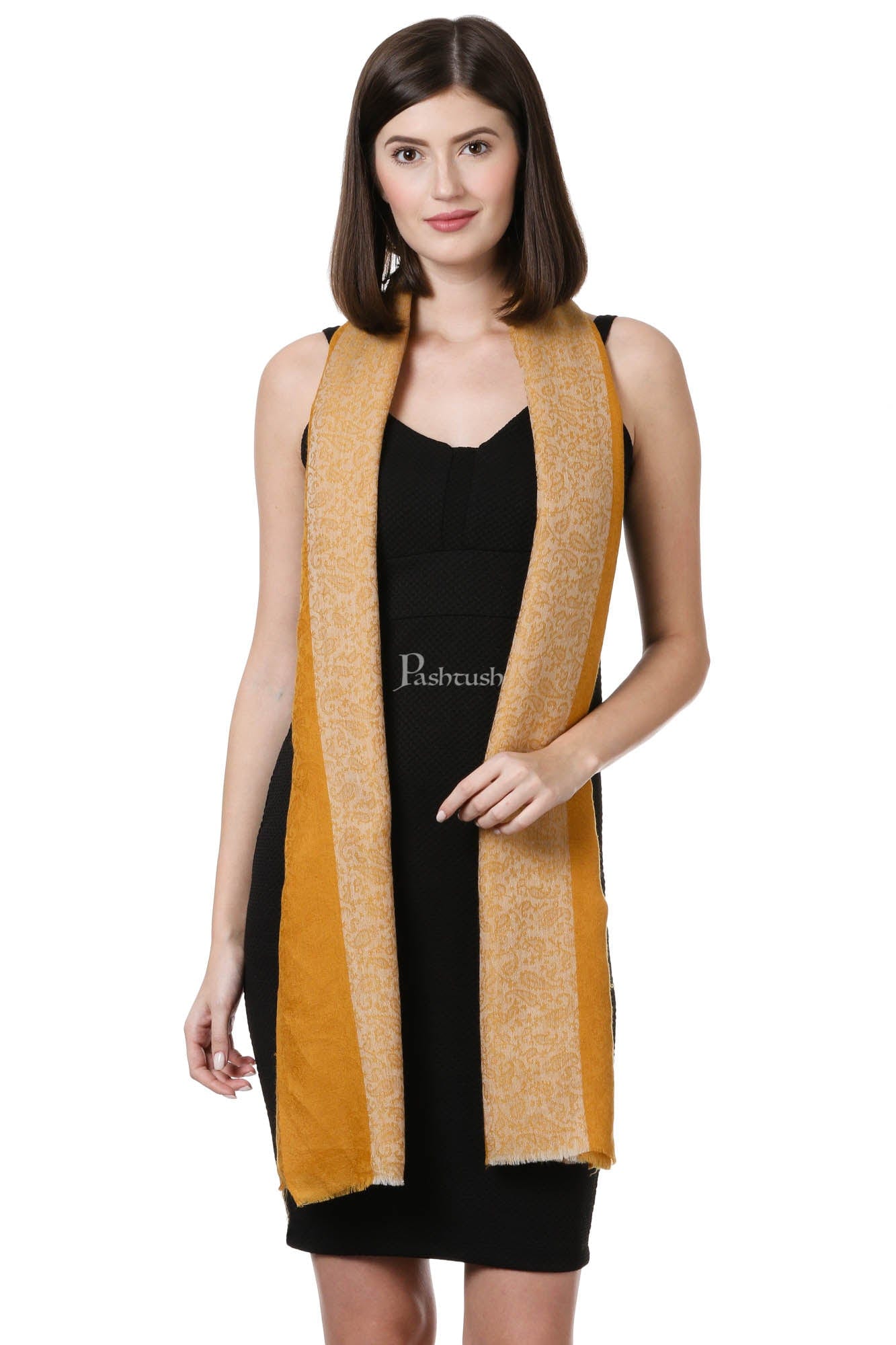 Pashtush India Womens Stoles and Scarves Scarf Pashtush Fine Wool Luxury Striped Design Scarf, Stole, Weaving Design - Mustard