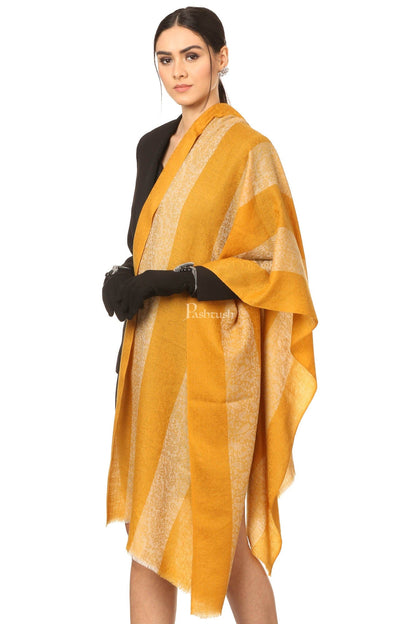 Pashtush India Womens Stoles and Scarves Scarf Pashtush Fine Wool Luxury Striped Design Scarf, Stole, Weaving Design - Mustard