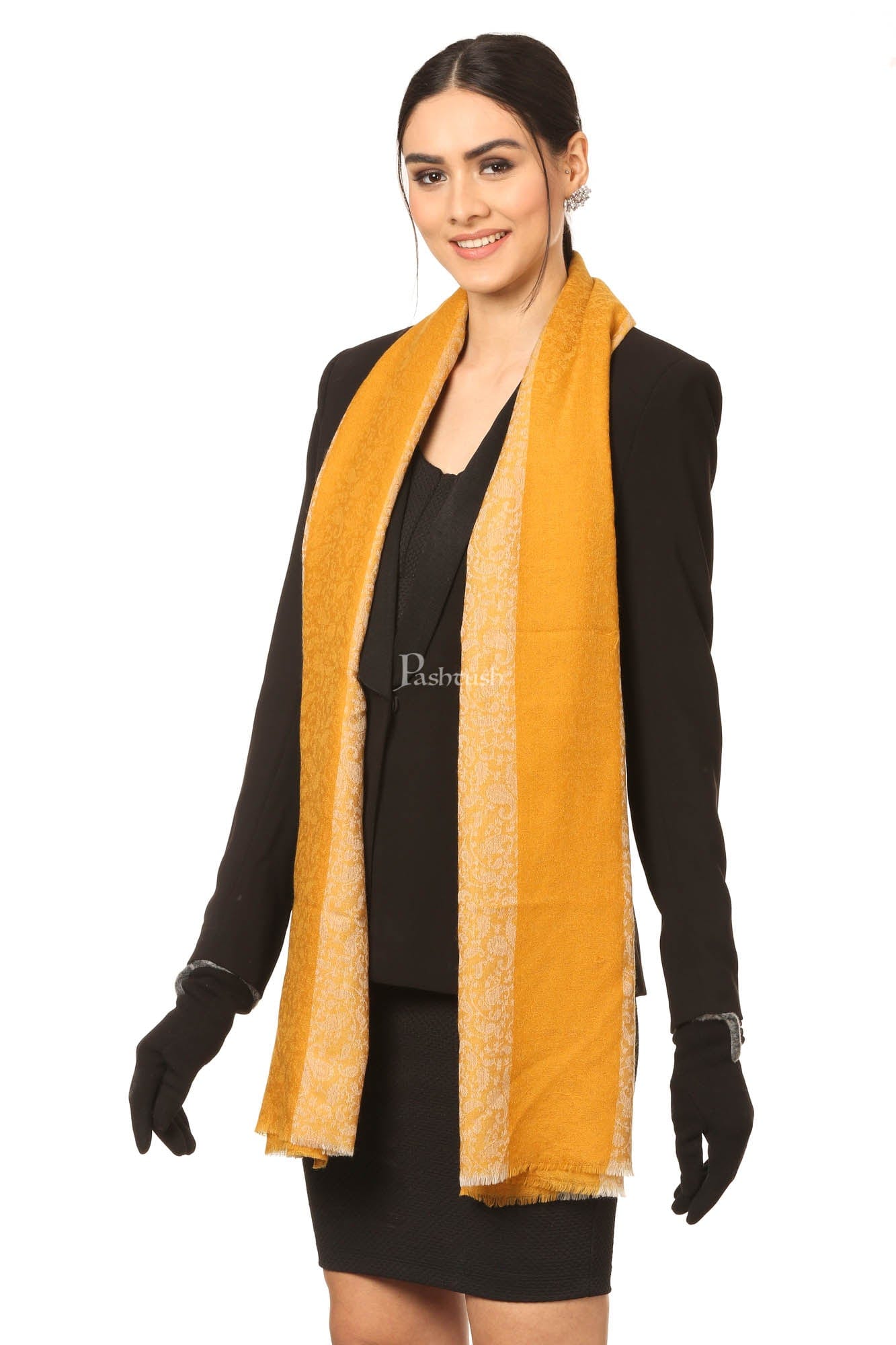 Pashtush India Womens Stoles and Scarves Scarf Pashtush Fine Wool Luxury Striped Design Scarf, Stole, Weaving Design - Mustard