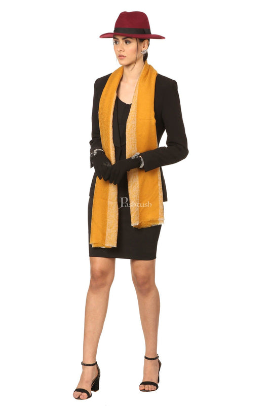 Pashtush India Womens Stoles and Scarves Scarf Pashtush Fine Wool Luxury Striped Design Scarf, Stole, Weaving Design - Mustard