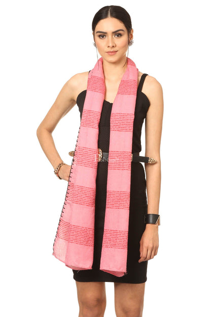 Pashtush India Womens Stoles and Scarves Scarf Pashtush Fine Wool Luxury Striped Design Scarf, Stole, Weaving Design - Pink