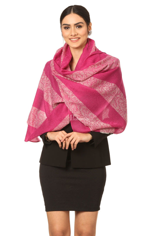 Pashtush India Womens Stoles and Scarves Scarf Pashtush Fine Wool Luxury Striped Design Scarf, Stole, Weaving Design - Pink