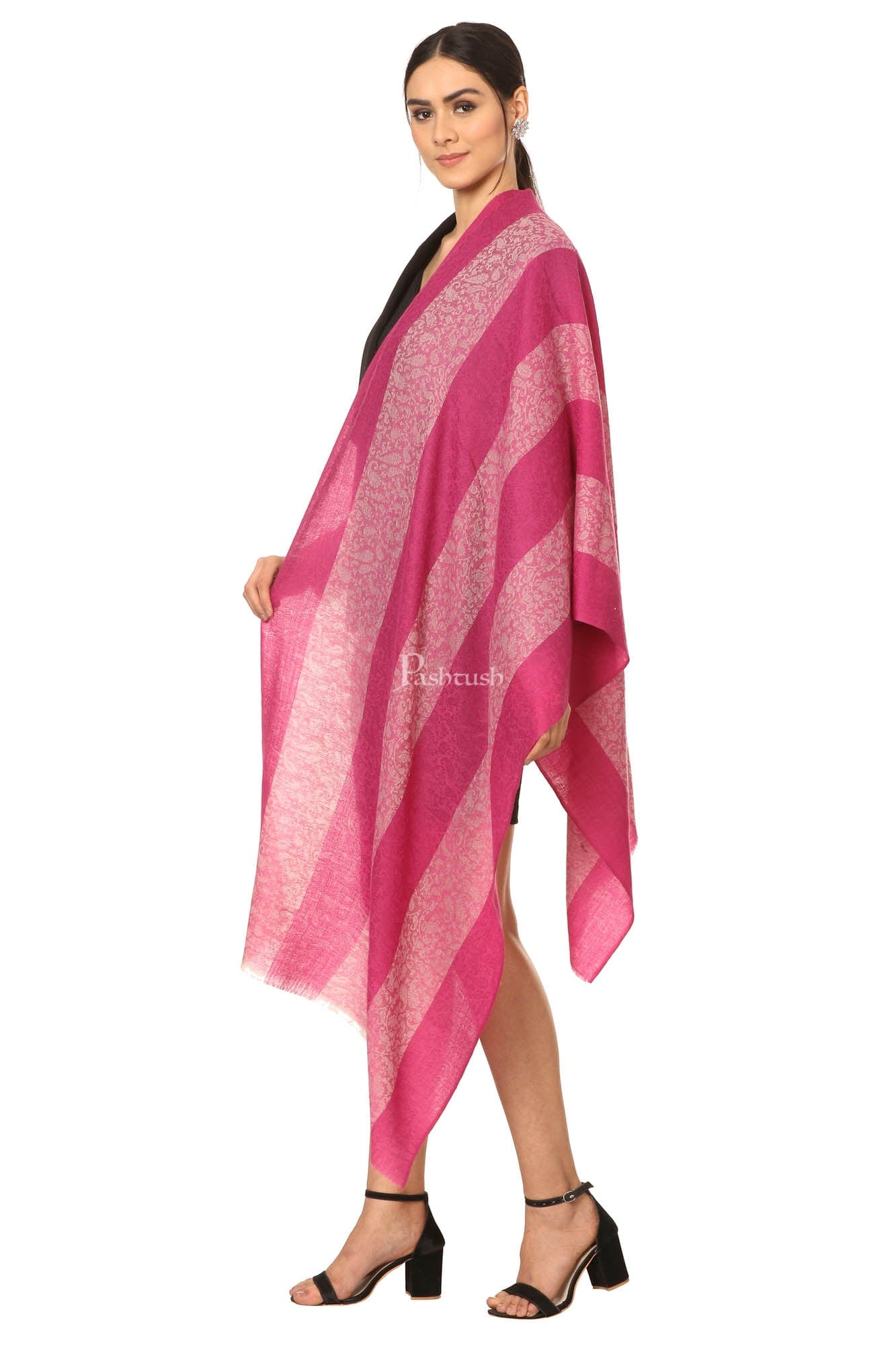 Pashtush India Womens Stoles and Scarves Scarf Pashtush Fine Wool Luxury Striped Design Scarf, Stole, Weaving Design - Pink