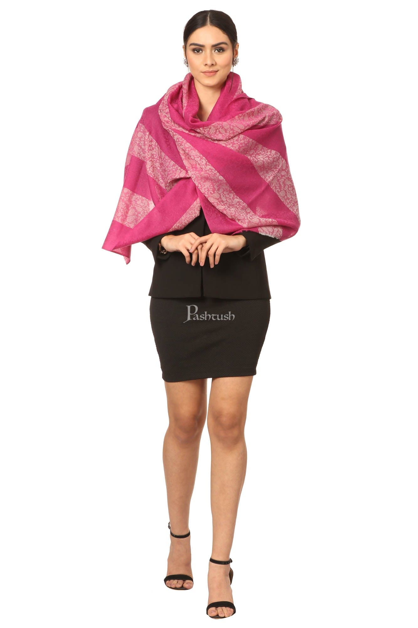 Pashtush India Womens Stoles and Scarves Scarf Pashtush Fine Wool Luxury Striped Design Scarf, Stole, Weaving Design - Pink