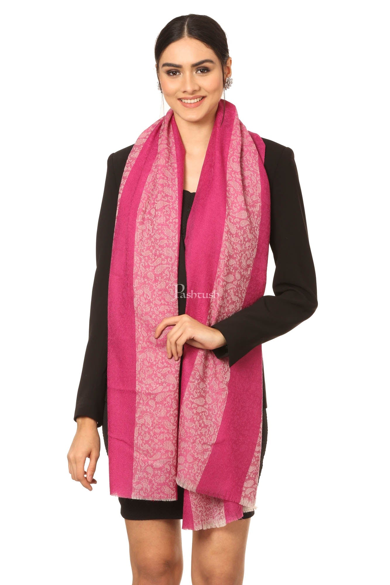Pashtush India Womens Stoles and Scarves Scarf Pashtush Fine Wool Luxury Striped Design Scarf, Stole, Weaving Design - Pink