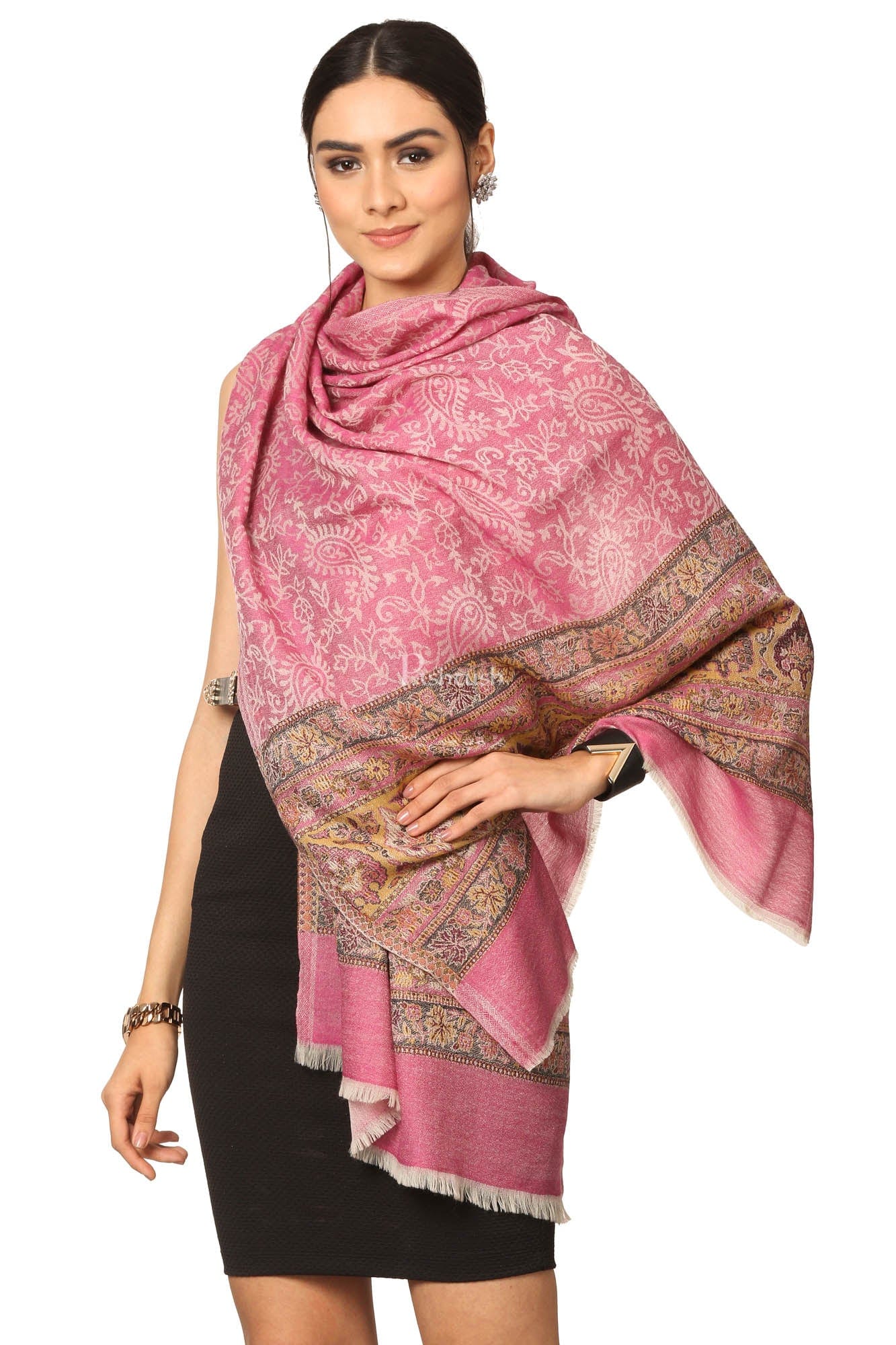 Pashtush India Womens Stoles and Scarves Scarf Pashtush Fine Wool Luxury Striped Design Scarf, Stole, Weaving Design - Pink