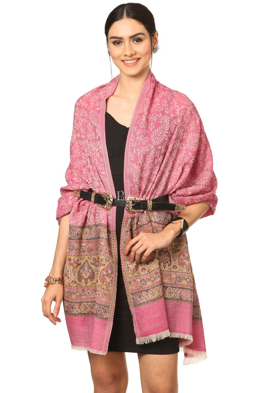 Pashtush India Womens Stoles and Scarves Scarf Pashtush Fine Wool Luxury Striped Design Scarf, Stole, Weaving Design - Pink