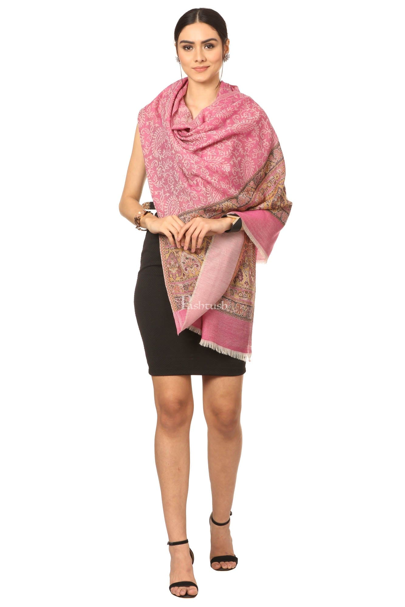 Pashtush India Womens Stoles and Scarves Scarf Pashtush Fine Wool Luxury Striped Design Scarf, Stole, Weaving Design - Pink
