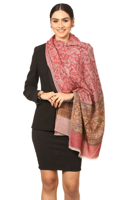 Pashtush India Womens Stoles and Scarves Scarf Pashtush Fine Wool Luxury Striped Design Scarf, Stole, Weaving Design - Red