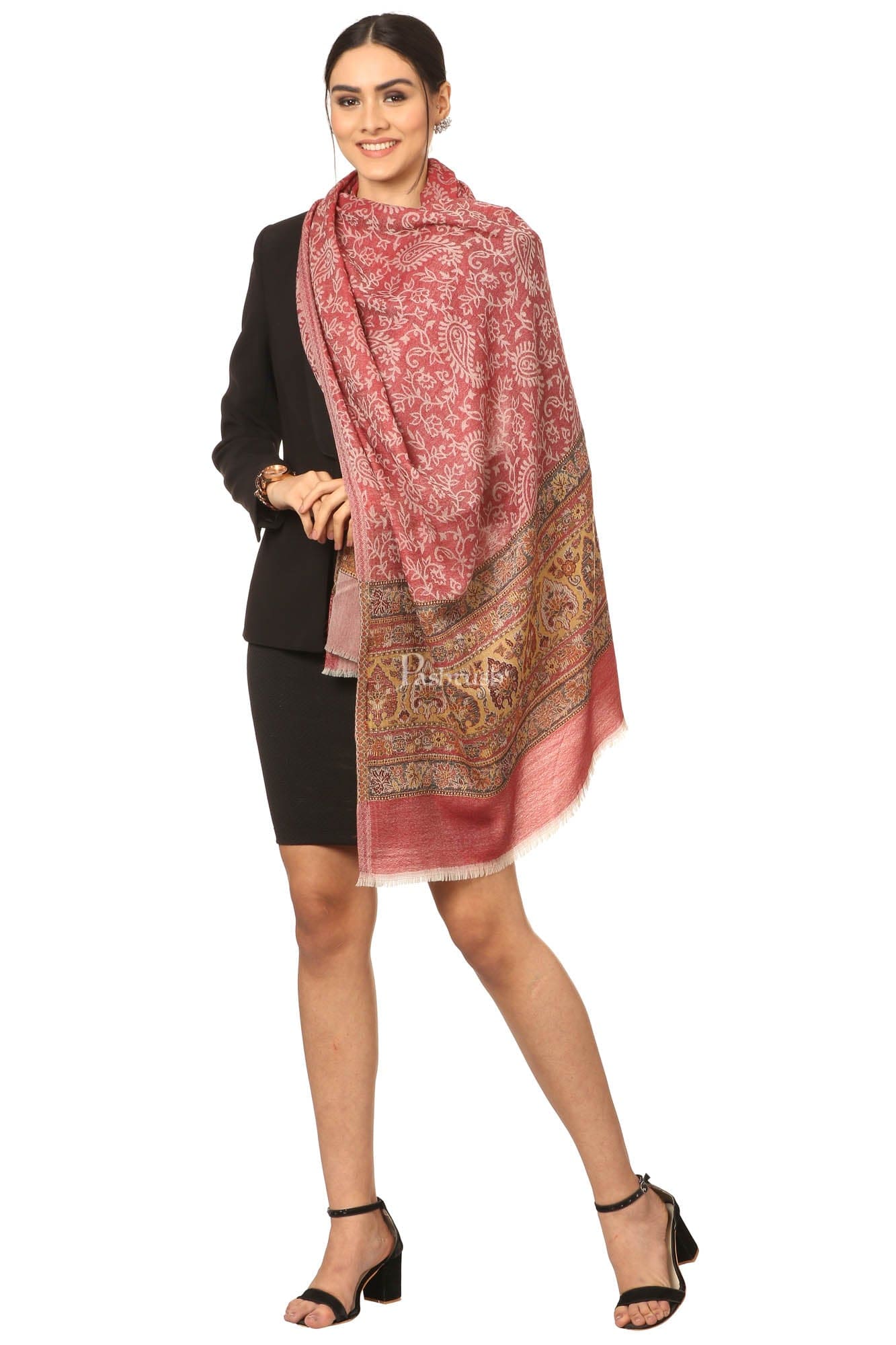 Pashtush India Womens Stoles and Scarves Scarf Pashtush Fine Wool Luxury Striped Design Scarf, Stole, Weaving Design - Red