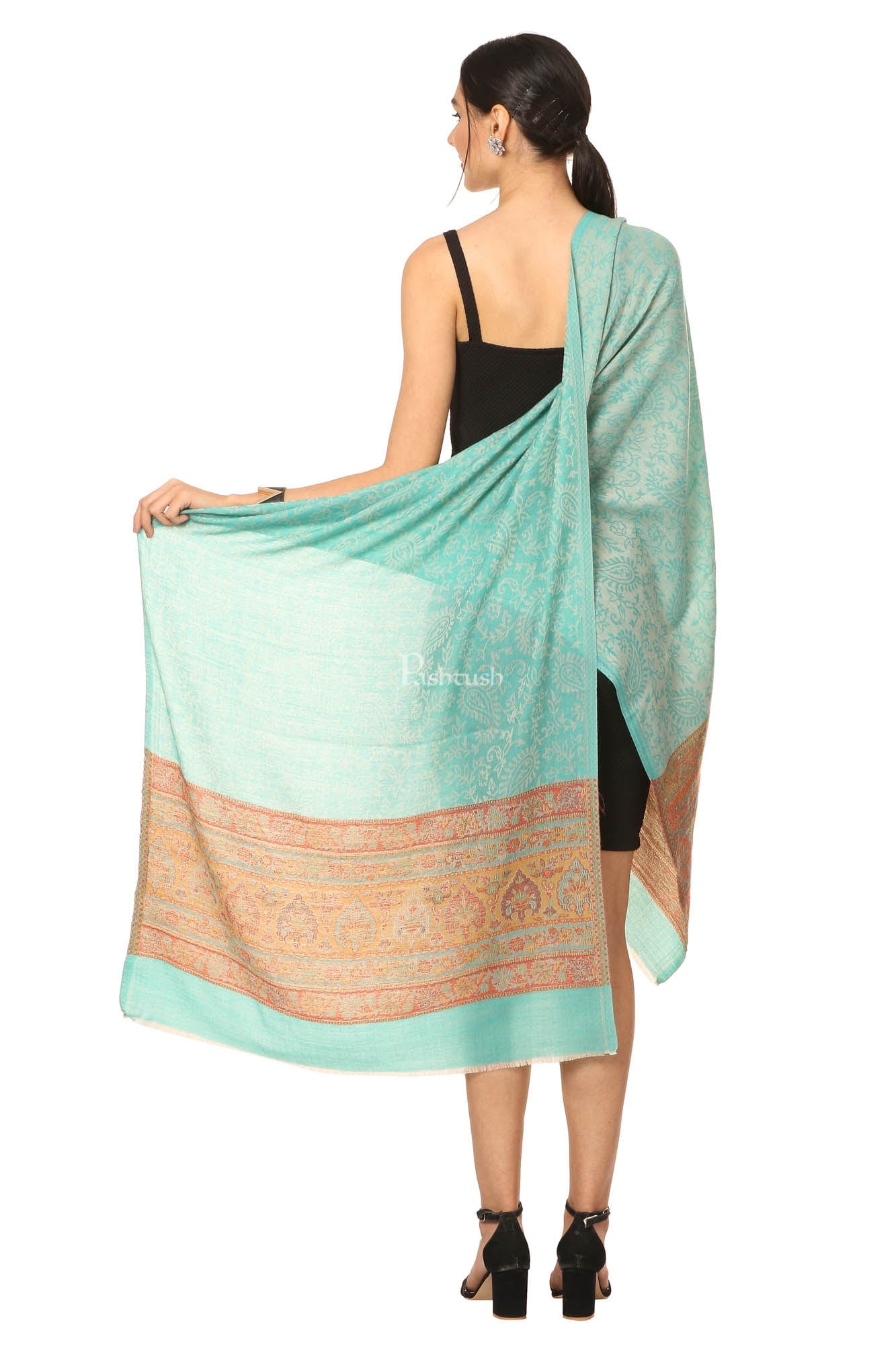 Pashtush India Womens Stoles and Scarves Scarf Pashtush Fine Wool Luxury Striped Design Scarf, Stole, Weaving Design - Sea Green