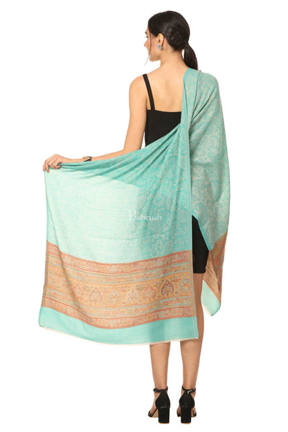Pashtush India Womens Stoles and Scarves Scarf Pashtush Fine Wool Luxury Striped Design Scarf, Stole, Weaving Design - Sea Green