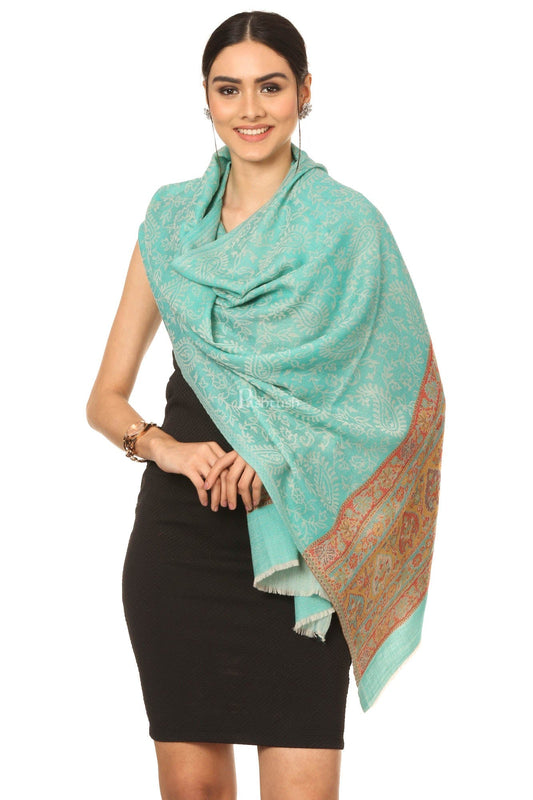 Pashtush India Womens Stoles and Scarves Scarf Pashtush Fine Wool Luxury Striped Design Scarf, Stole, Weaving Design - Sea Green