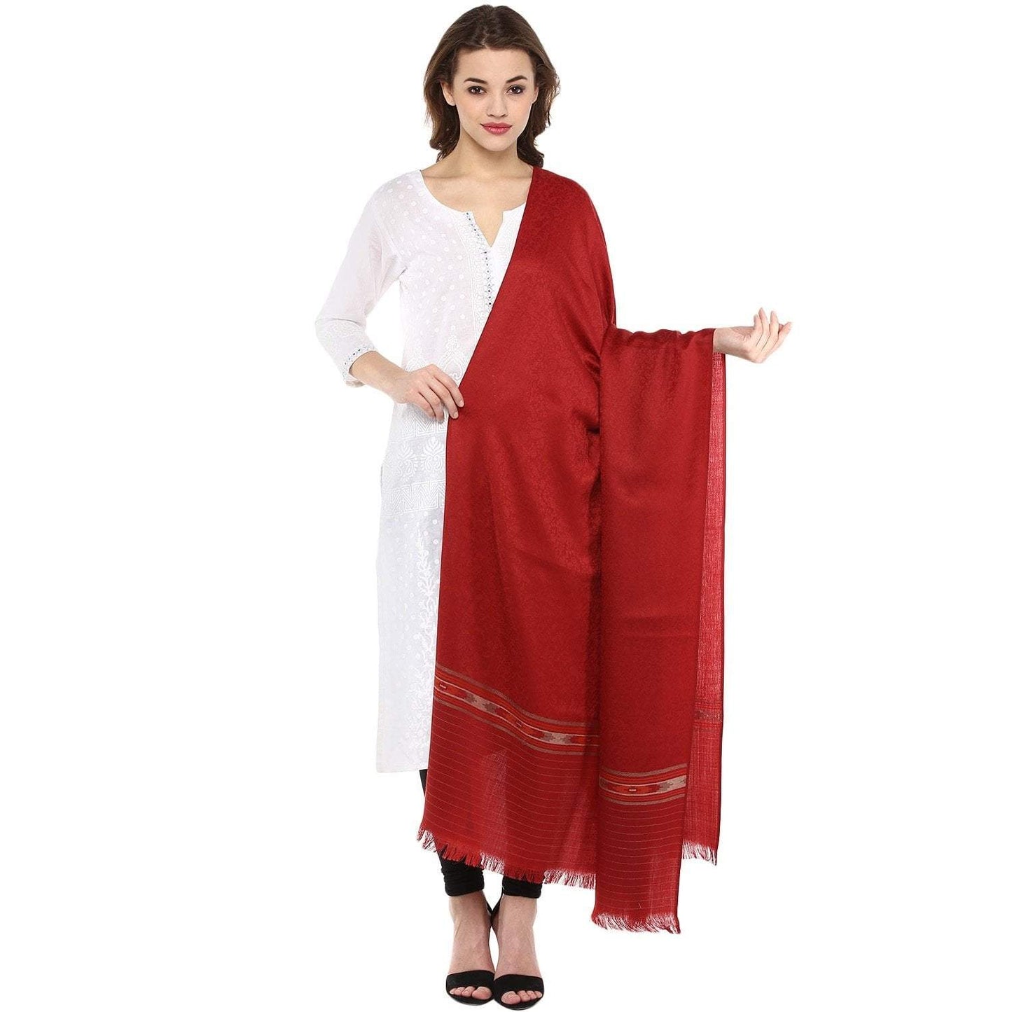 Pashtush Fine Wool Shawl For Women With Aztec Weave, Maroon