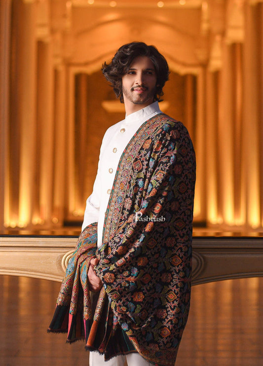 Pashtush India Mens Shawls Gents Shawl Pashtush Fine Wool Woven Ethnic Weave Kashmiri Nalki Outline Embroidered, Shawl, Black