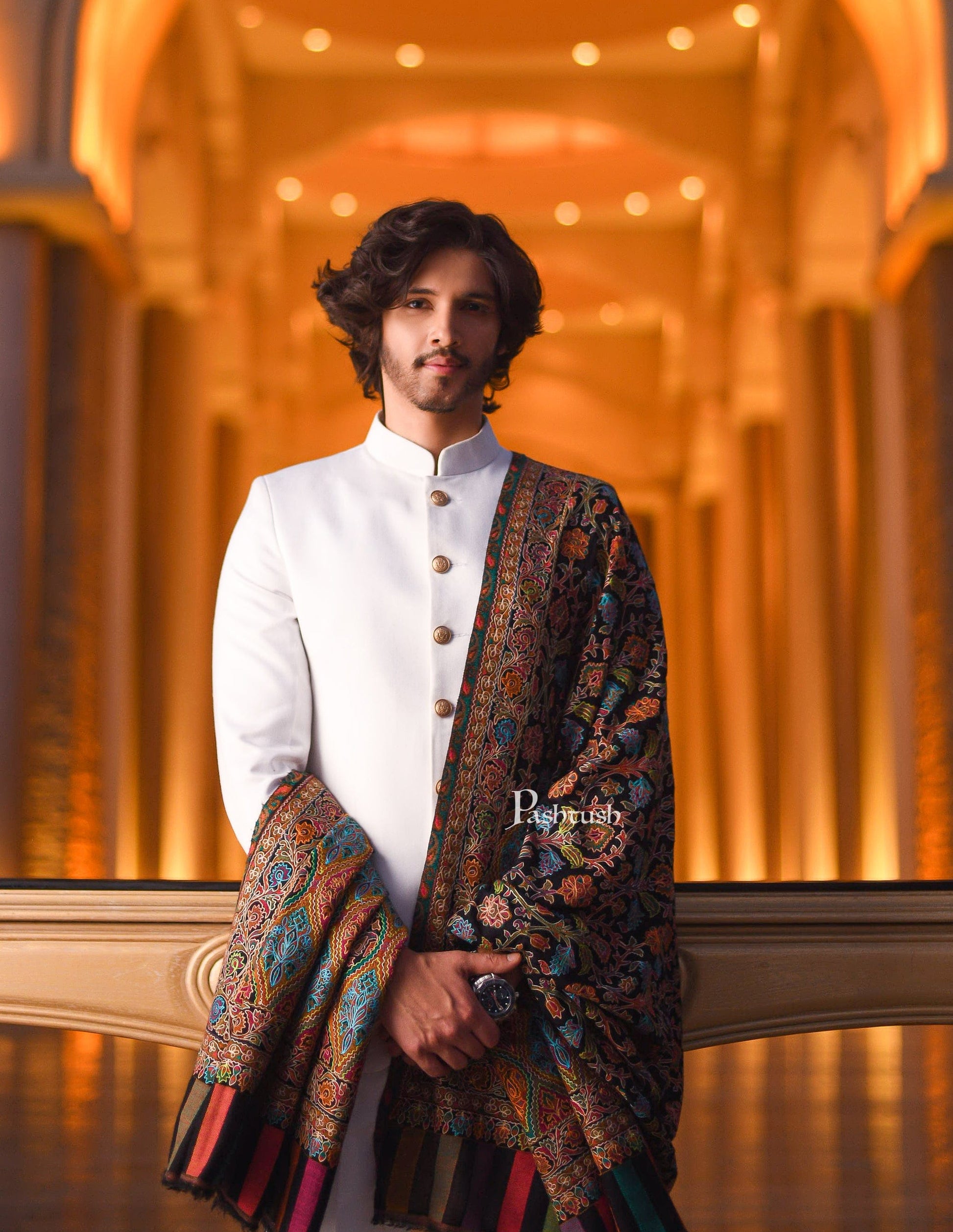 Pashtush India Mens Shawls Gents Shawl Pashtush Fine Wool Woven Ethnic Weave Kashmiri Nalki Outline Embroidered, Shawl, Black