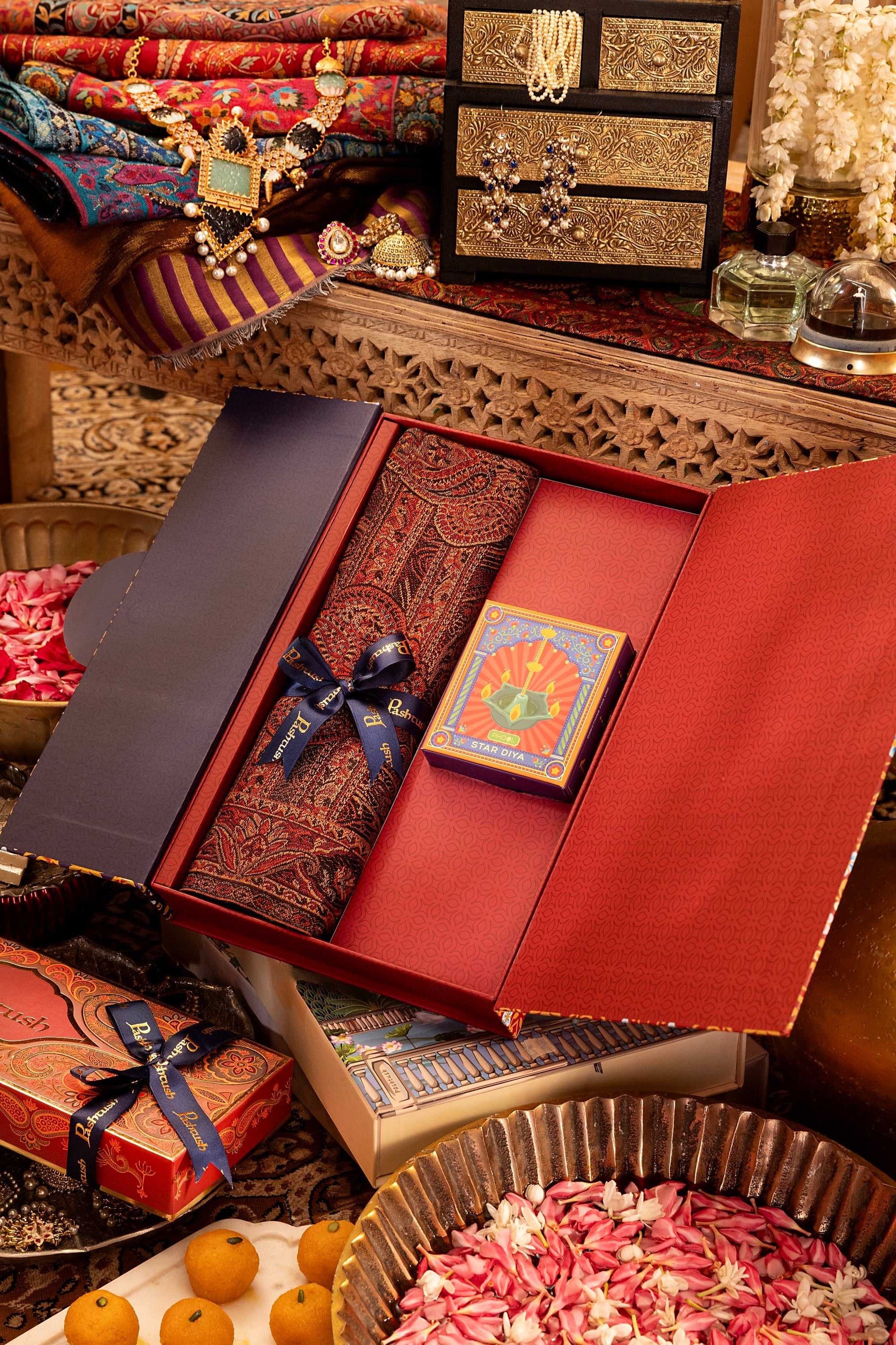 Pashtush India Gift Pack Pashtush Gift Set of Jamawar Stole with Phool Star Diya, Premium Gift Box Packaging