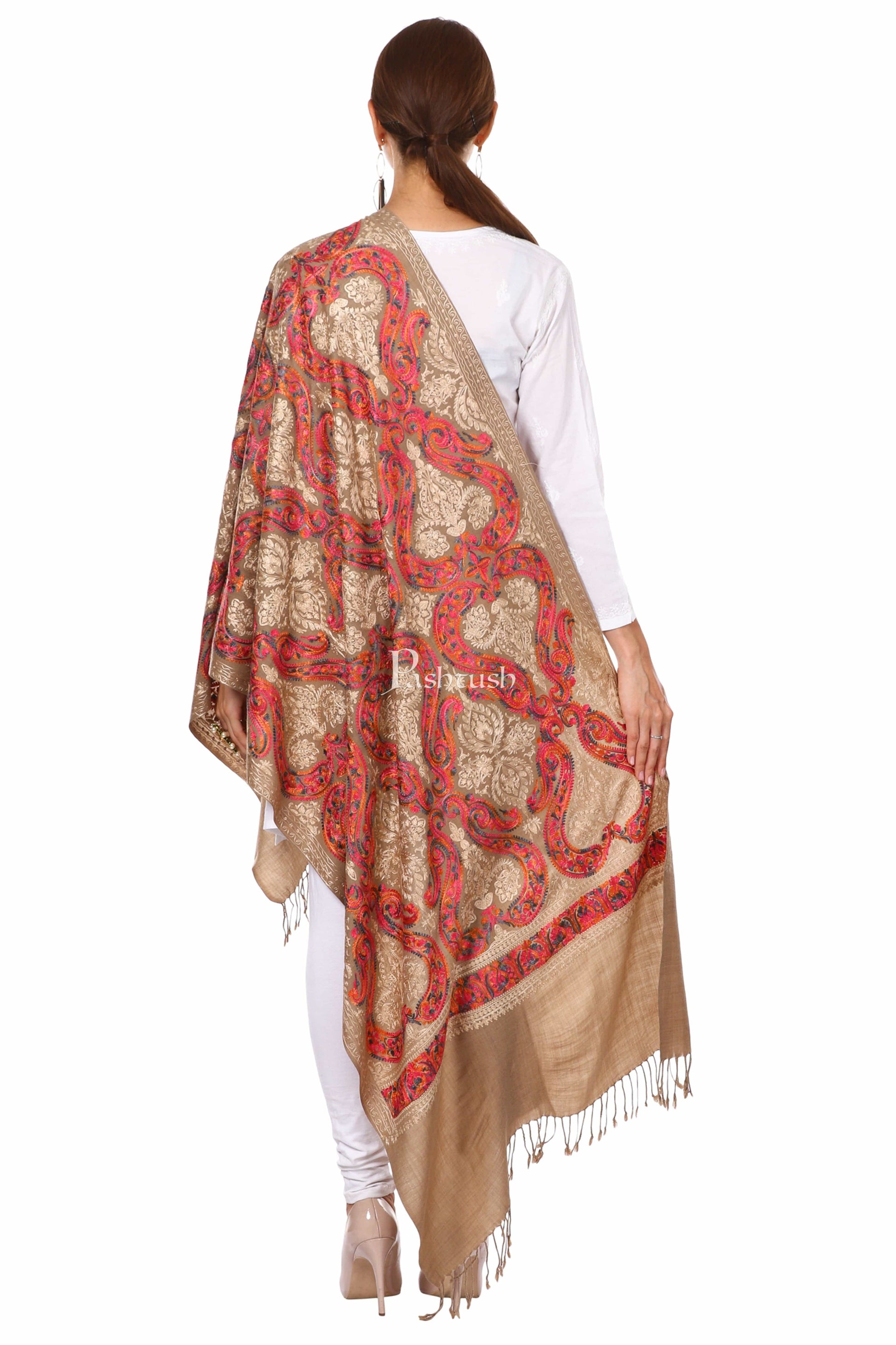 Pashtush India Gift Pack Pashtush His and Her Gift Set, Mens Fine Wool Checkered Stole with Womens Nalki Embroidered Stole, Beige