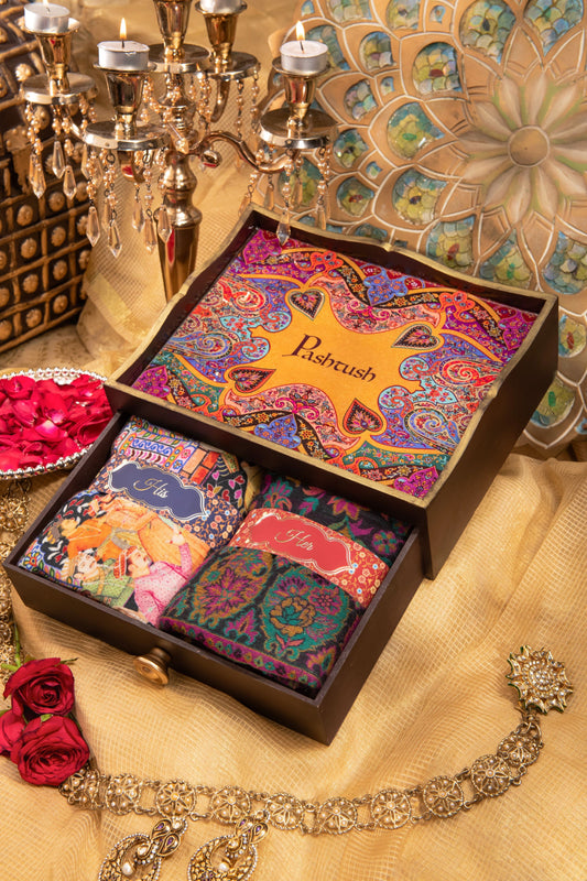 Pashtush India Gift Pack Pashtush His And Her Gift Set Of 100% Pure Wool Darbar Stole and Ethnic Weave Shawl With Wooden Chester Box, Multicolour