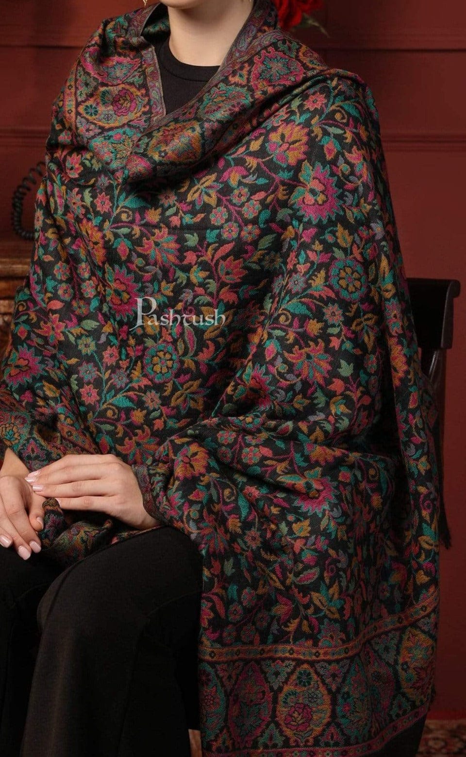 Pashtush India Gift Pack Pashtush His And Her Gift Set Of 100% Pure Wool Darbar Stole and Ethnic Weave Shawl With Wooden Chester Box, Multicolour