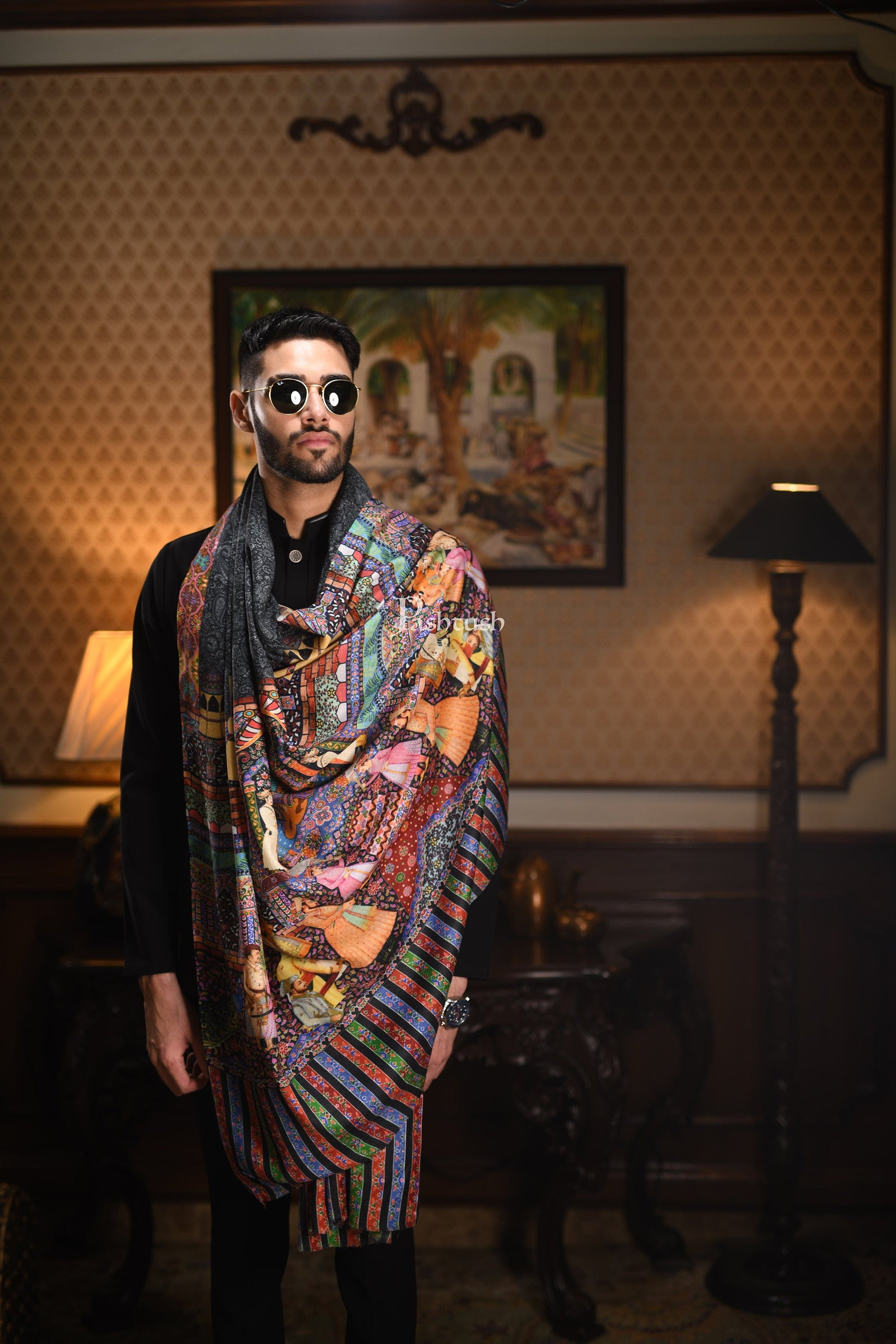 Pashtush India Gift Pack Pashtush His And Her Gift Set Of 100% Pure Wool Darbar Stole and Ethnic Weave Shawl With Wooden Chester Box, Multicolour