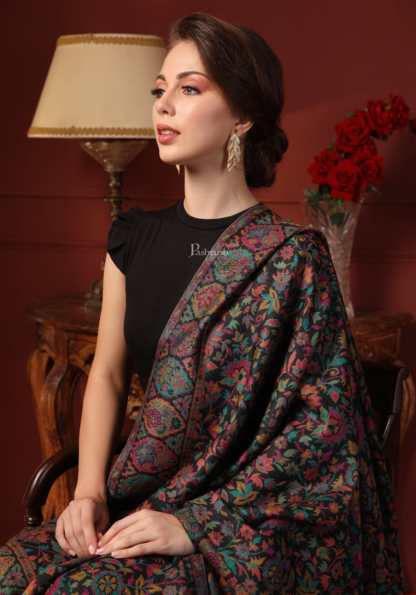 Pashtush India Gift Pack Pashtush His And Her Gift Set Of 100% Pure Wool Darbar Stole and Ethnic Weave Shawl With Wooden Chester Box, Multicolour
