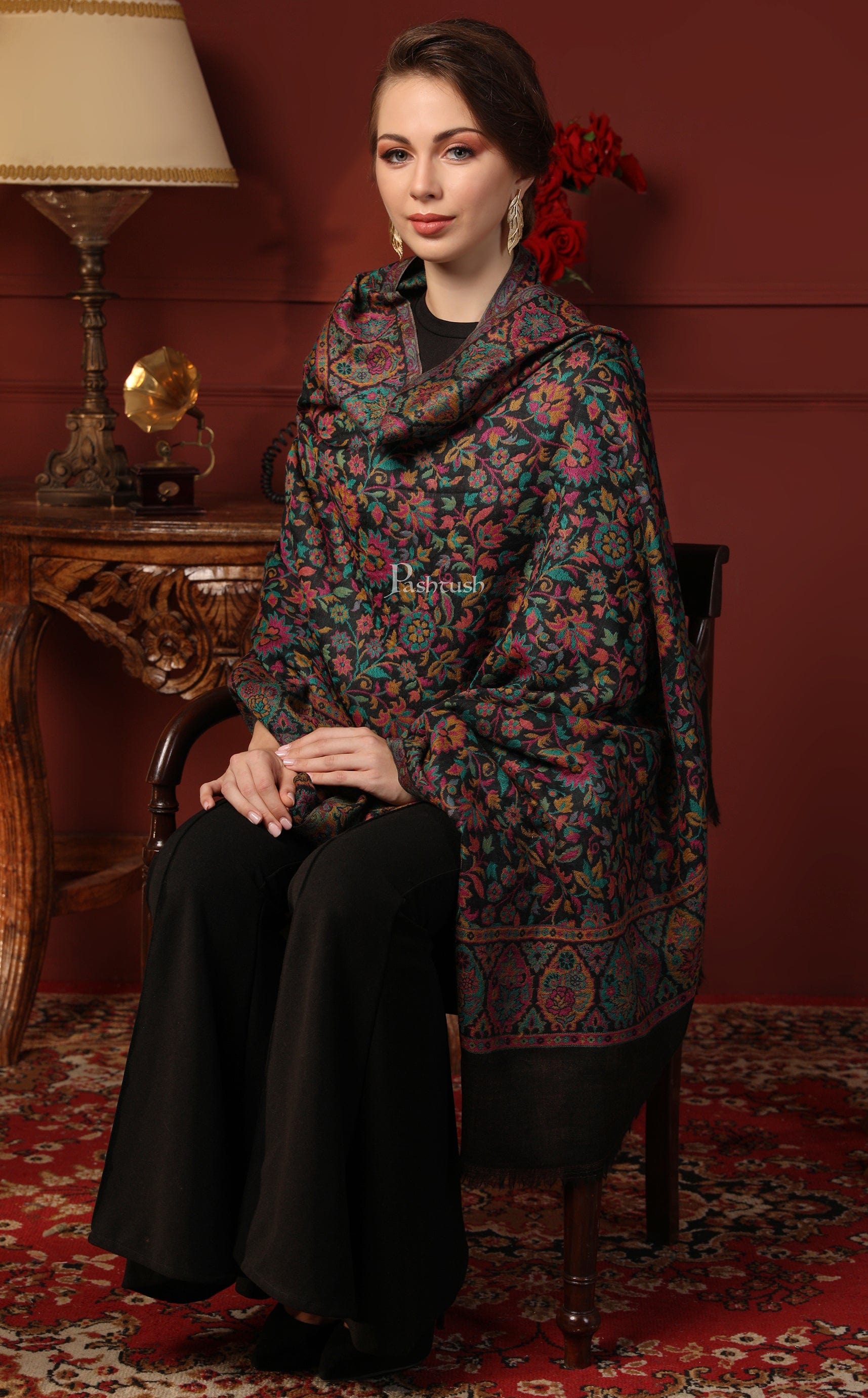 Pashtush India Gift Pack Pashtush His And Her Gift Set Of 100% Pure Wool Darbar Stole and Ethnic Weave Shawl With Wooden Chester Box, Multicolour
