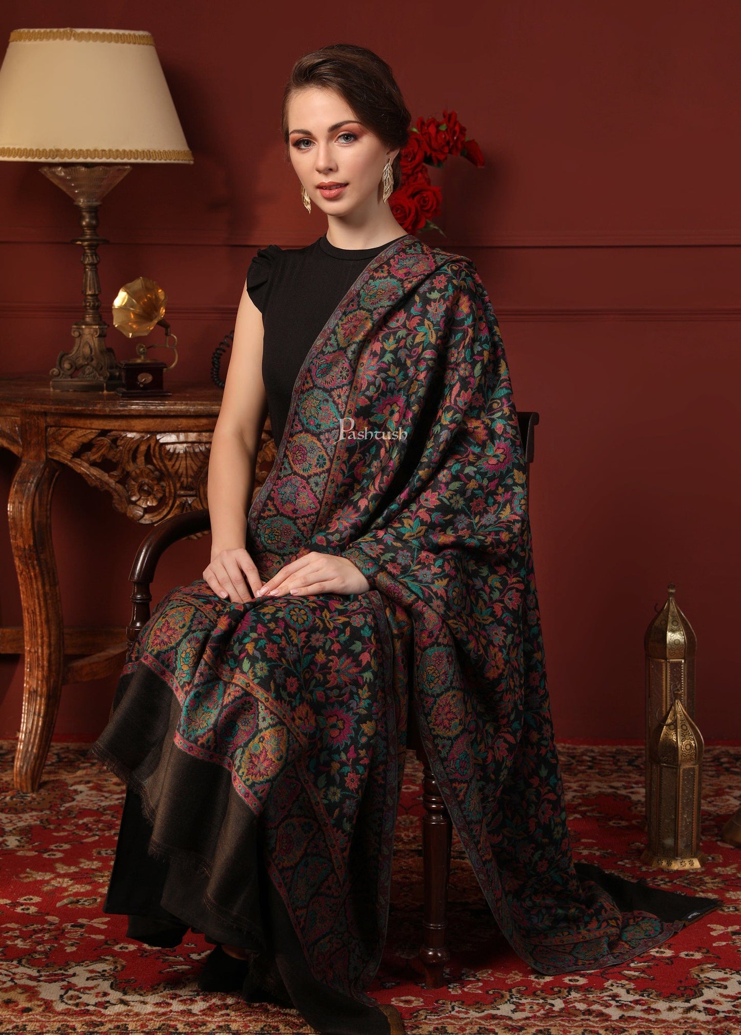 Pashtush India Gift Pack Pashtush His And Her Gift Set Of 100% Pure Wool Darbar Stole and Ethnic Weave Shawl With Wooden Chester Box, Multicolour