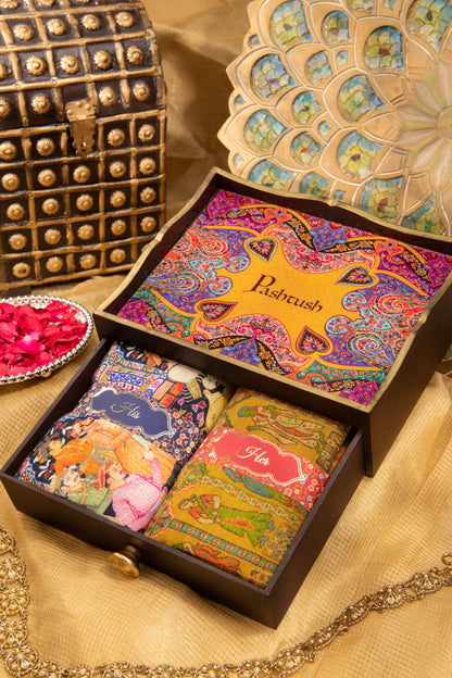 Pashtush India Gift Pack Pashtush His And Her Gift Set Of 100% Pure Wool Printed Stole and Darbar Shawl With Wooden Chester Box, Multicolour