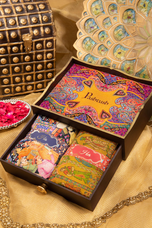 Pashtush India Gift Pack Pashtush His And Her Gift Set Of 100% Pure Wool Printed Stole and Darbar Shawl With Wooden Chester Box, Multicolour