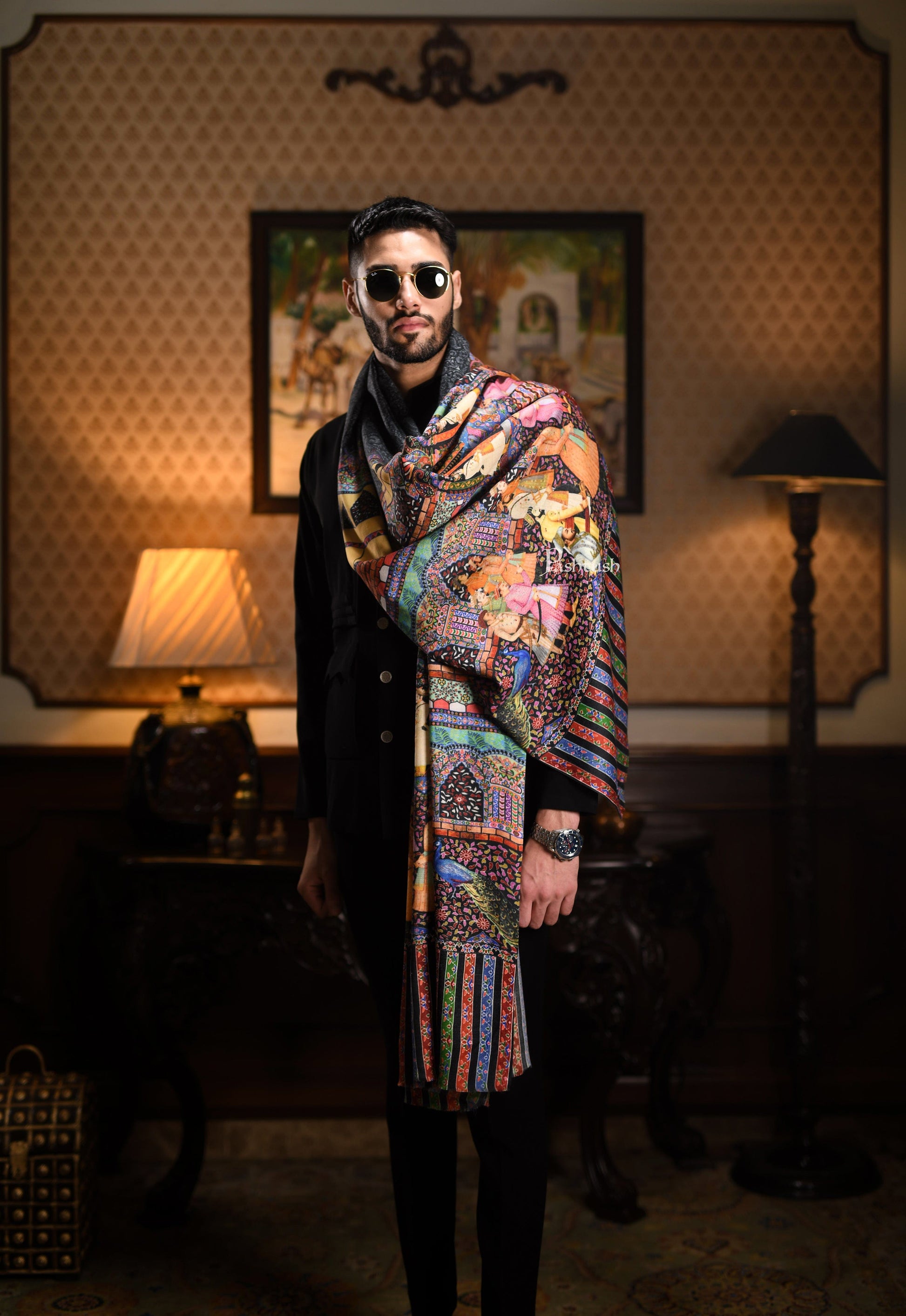 Pashtush India Gift Pack Pashtush His And Her Gift Set Of 100% Pure Wool Printed Stole and Darbar Shawl With Wooden Chester Box, Multicolour