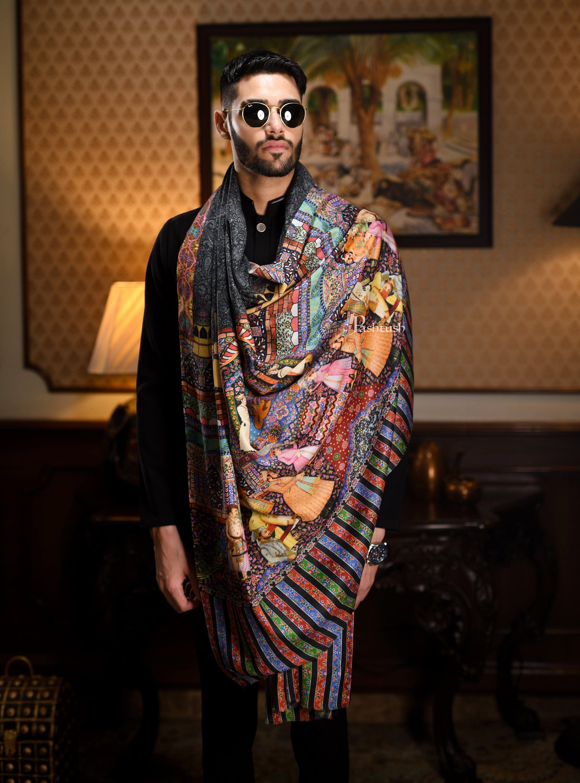 Pashtush India Gift Pack Pashtush His And Her Gift Set Of 100% Pure Wool Printed Stole and Darbar Shawl With Wooden Chester Box, Multicolour