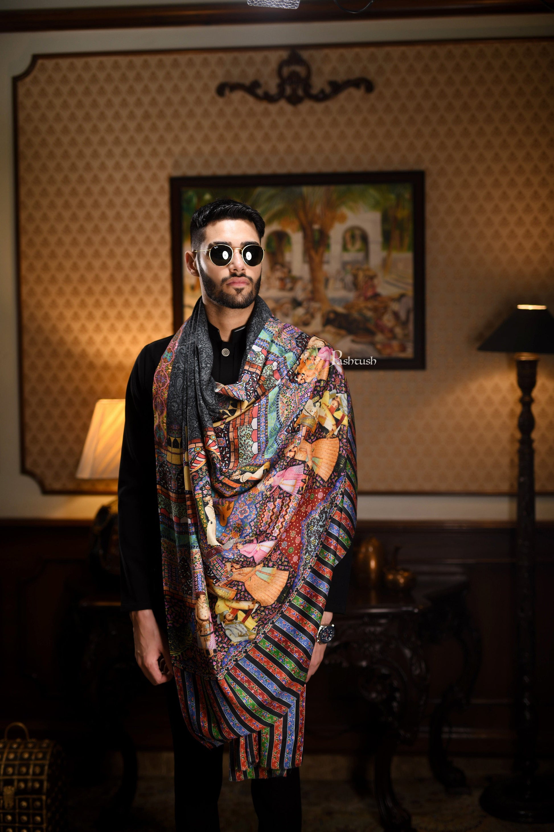 Pashtush India Gift Pack Pashtush His And Her Gift Set Of 100% Pure Wool Printed Stole and Darbar Shawl With Wooden Chester Box, Multicolour