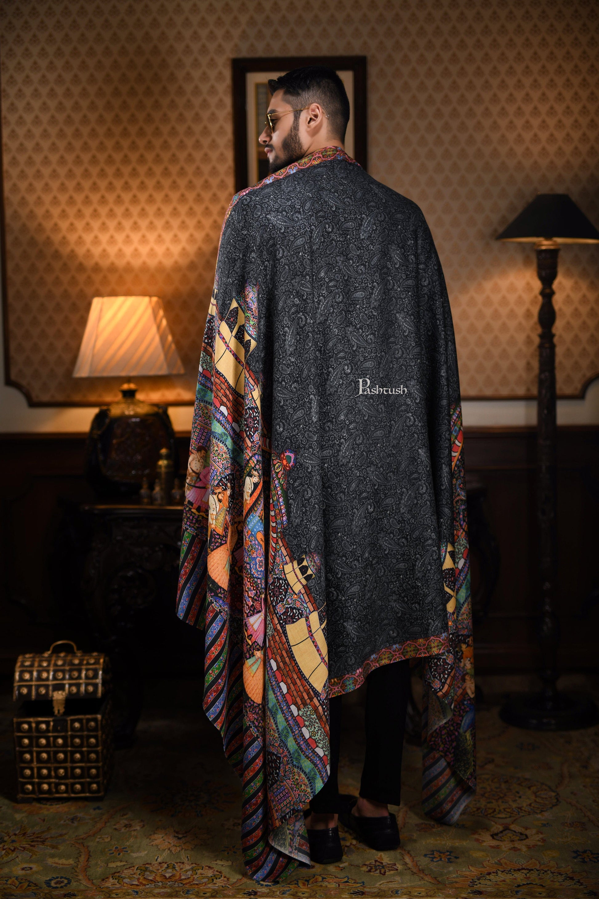 Pashtush India Gift Pack Pashtush His And Her Gift Set Of 100% Pure Wool Printed Stole and Darbar Shawl With Wooden Chester Box, Multicolour