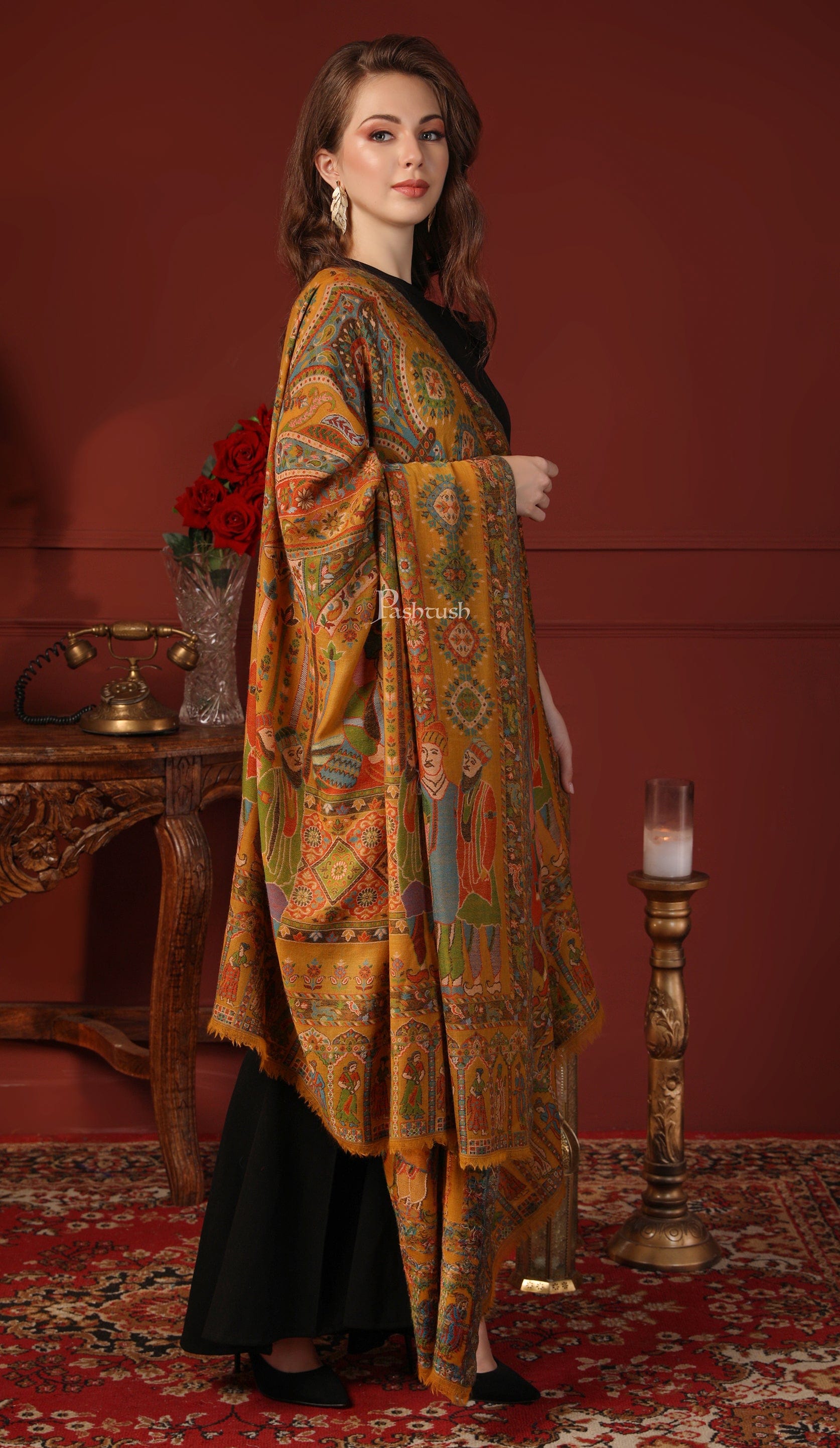 Pashtush India Gift Pack Pashtush His And Her Gift Set Of 100% Pure Wool Printed Stole and Darbar Shawl With Wooden Chester Box, Multicolour