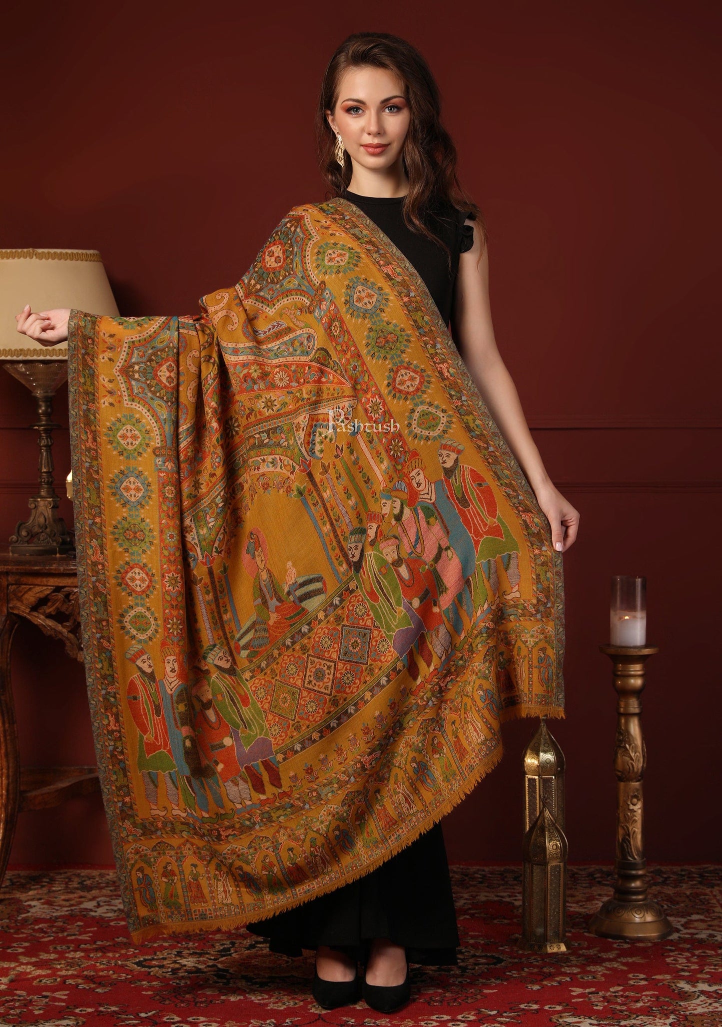 Pashtush India Gift Pack Pashtush His And Her Gift Set Of 100% Pure Wool Printed Stole and Darbar Shawl With Wooden Chester Box, Multicolour