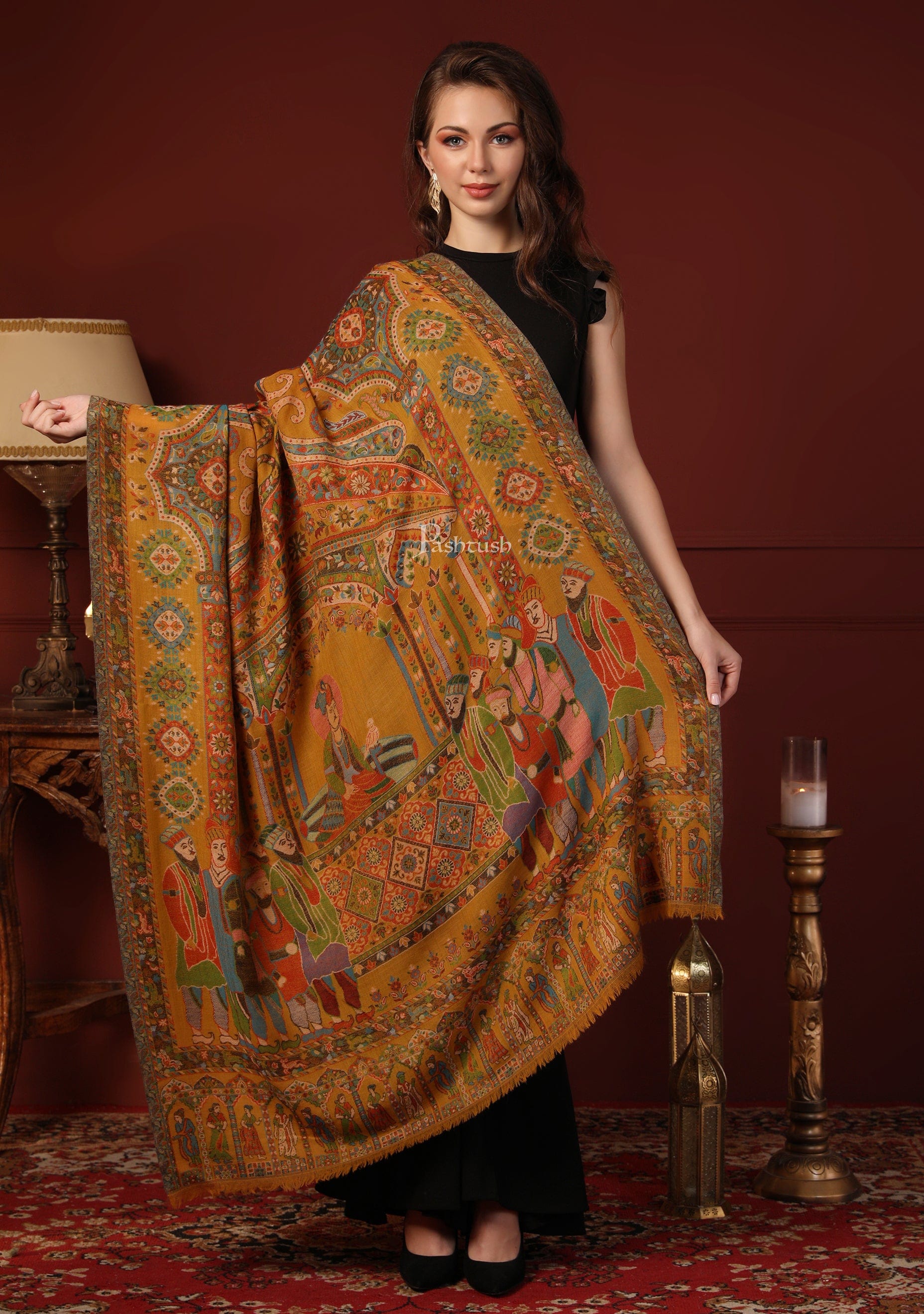 Pashtush India Gift Pack Pashtush His And Her Gift Set Of 100% Pure Wool Printed Stole and Darbar Shawl With Wooden Chester Box, Multicolour