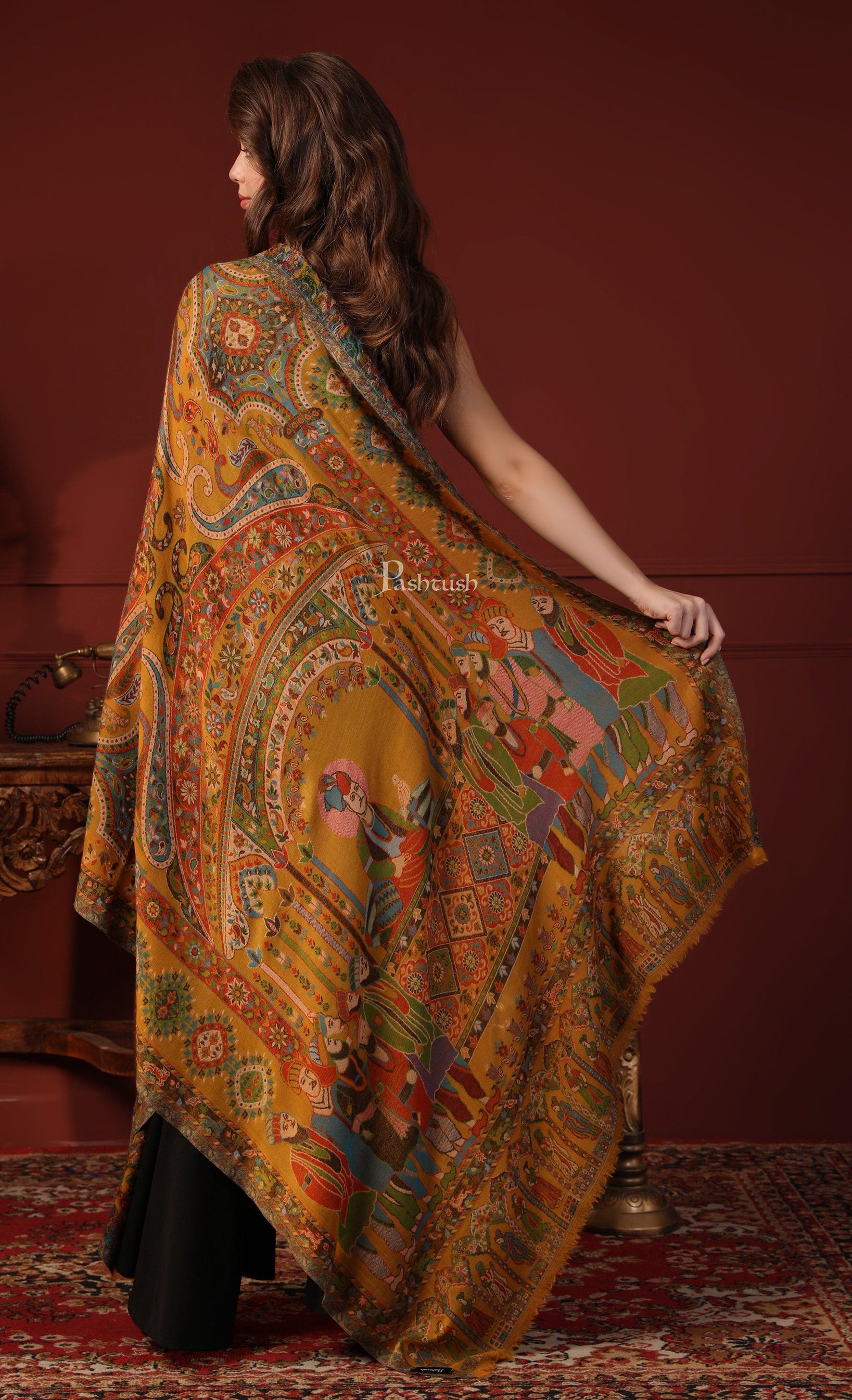 Pashtush India Gift Pack Pashtush His And Her Gift Set Of 100% Pure Wool Printed Stole and Darbar Shawl With Wooden Chester Box, Multicolour