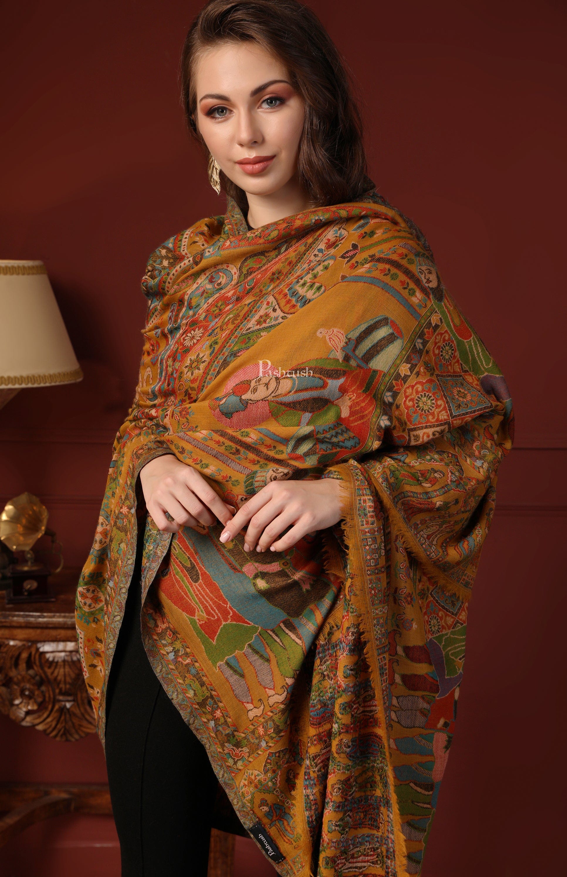 Pashtush India Gift Pack Pashtush His And Her Gift Set Of 100% Pure Wool Printed Stole and Darbar Shawl With Wooden Chester Box, Multicolour
