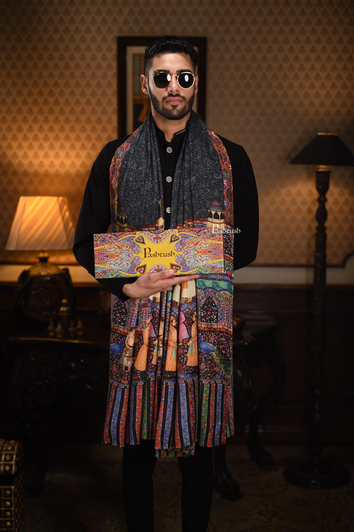 Pashtush India Gift Pack Pashtush His And Her Gift Set Of 100% Pure Wool Printed Stole and Darbar Shawl With Wooden Chester Box, Multicolour