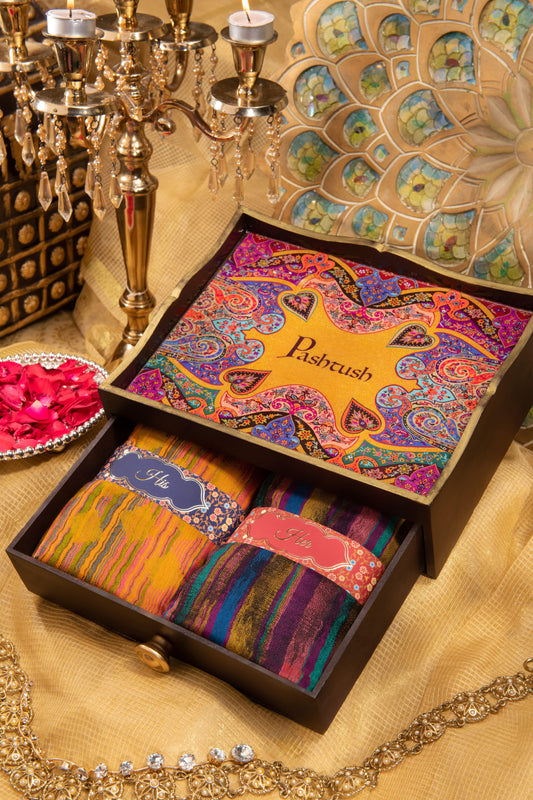 Pashtush India Gift Pack Pashtush His And Her Gift Set Of 100% Pure Wool Reversible Stole and Shawl With Wooden Chester Box, Multicolour