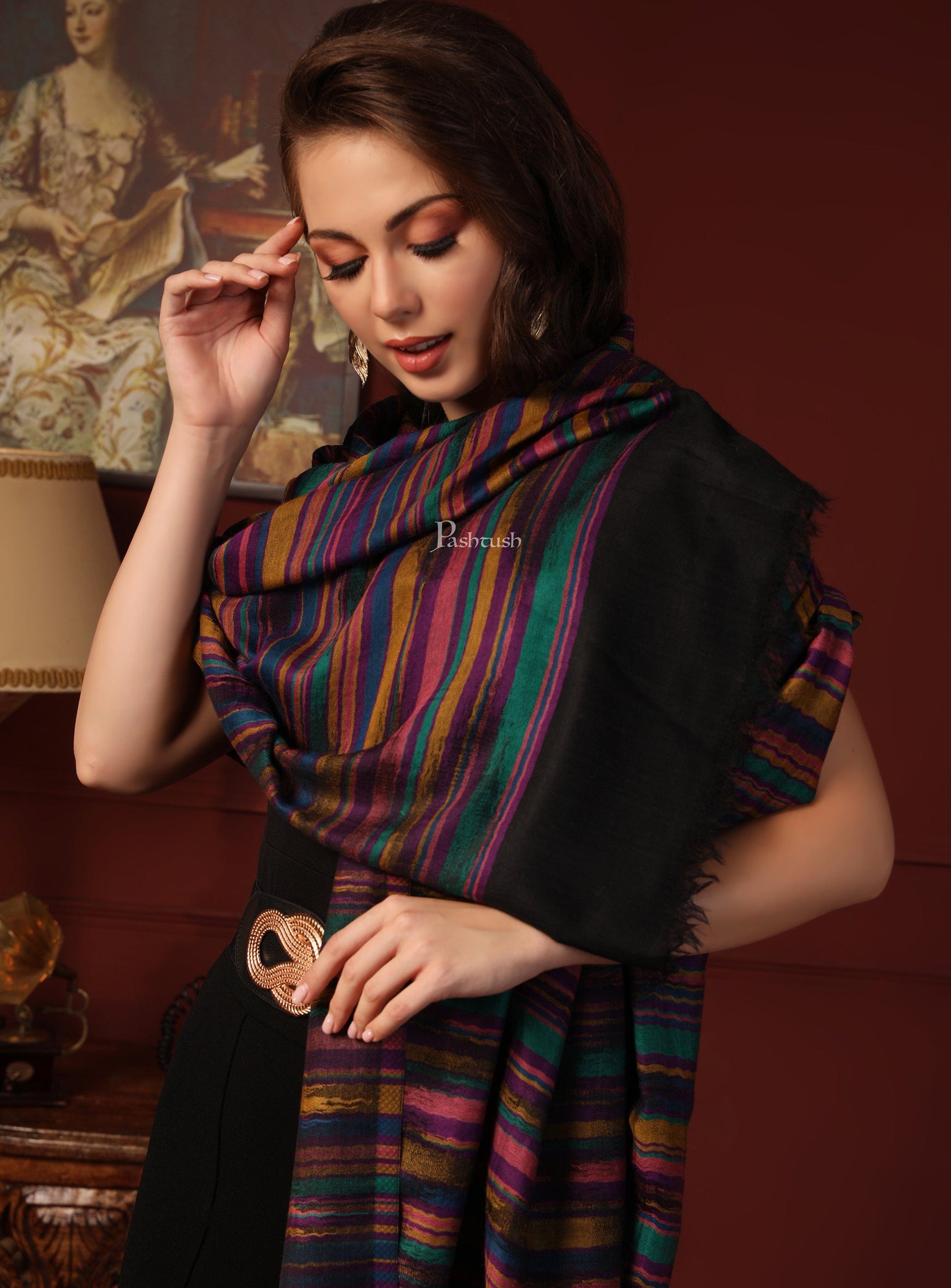 Pashtush India Gift Pack Pashtush His And Her Gift Set Of 100% Pure Wool Reversible Stole and Shawl With Wooden Chester Box, Multicolour