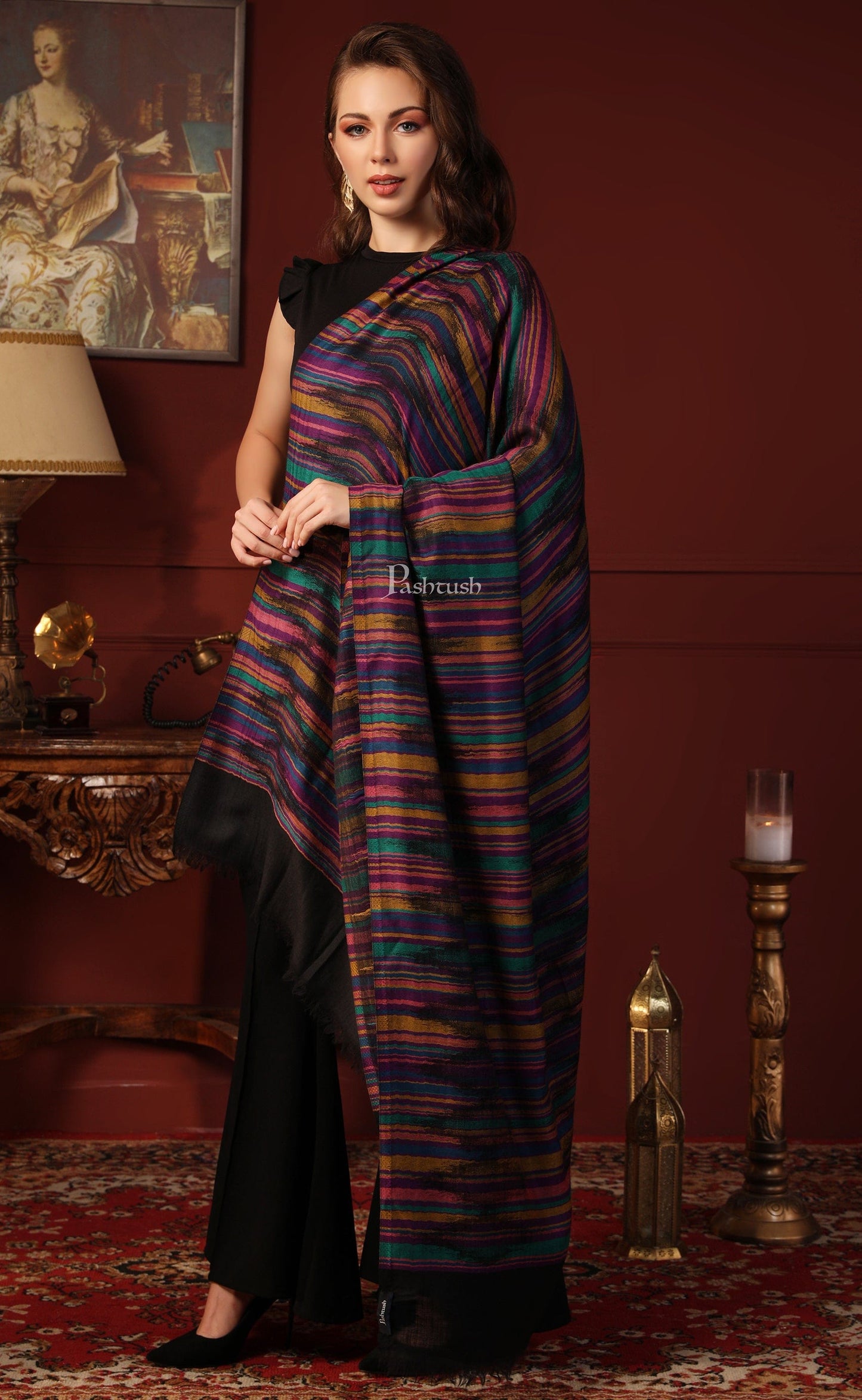 Pashtush India Gift Pack Pashtush His And Her Gift Set Of 100% Pure Wool Reversible Stole and Shawl With Wooden Chester Box, Multicolour