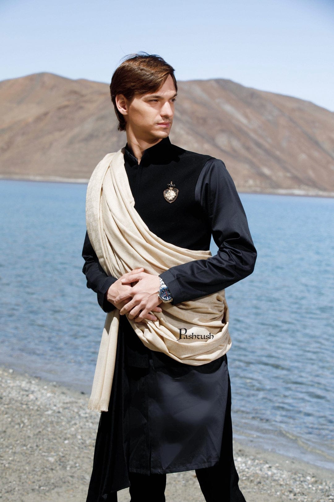 Pashtush India Gift Pack Pashtush His and Her Gift Set of 100% Pure Wool Shawl and Stole, Premium Gift Box Packaging, Beige and Mustard