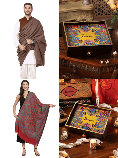 Pashtush India Gift Pack Pashtush His and Her Gift Set of 100% Pure Wool Shawls, Beige and Amber Red, Packaged in Keepsake Wooden Chester Gift Box