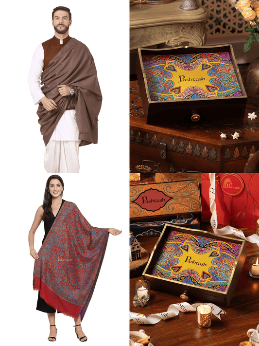 Pashtush India Gift Pack Pashtush His and Her Gift Set of 100% Pure Wool Shawls, Beige and Amber Red, Packaged in Keepsake Wooden Chester Gift Box