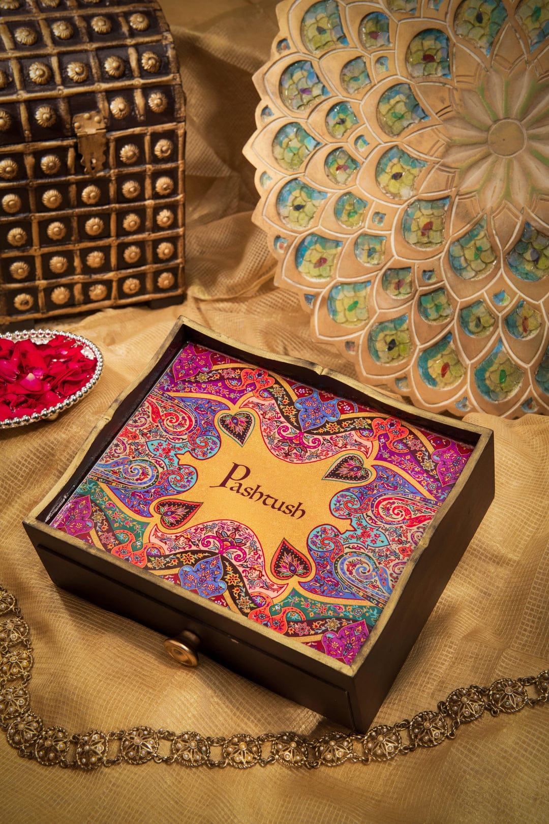 Pashtush India Gift Pack Pashtush His and Her Gift Set of 100% Pure Wool Shawls, Beige and Multicolour, Packaged in Keepsake Wooden Chester Gift Box